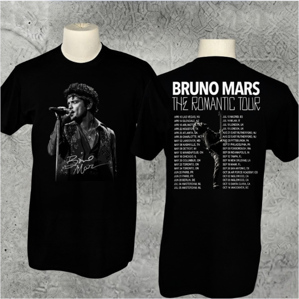 Bruno Mars The Romantic Tour Concert Dates Pop Singer Vintage Black T-Shirt